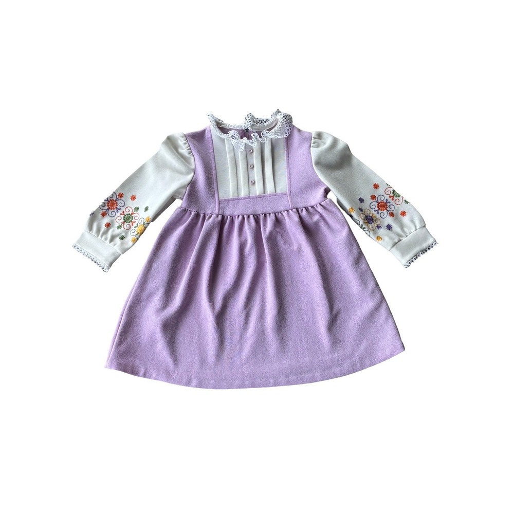 Vintage‎ Lavender Girls Dress Floral Embroidered Sleeves Lace Collar Purple